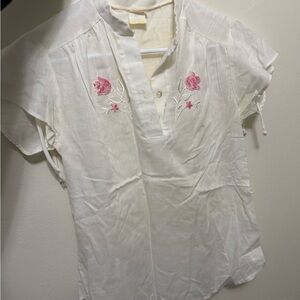 Vintage Embroidered White Blouse with Pink Floral Accents